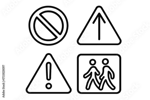 Road sign icon set collection. Linear black traffic symbols. Prohibition, warning, direction, pedestrian sign. Modern vector illustration isolated, outline style, transport safety, alert, navigation