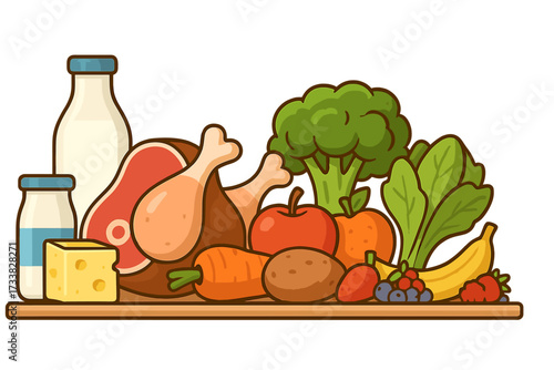 Healthy food collection for a balanced diet. Grocery assortment with dairy, meat, vegetables, fruits, and berries. Main food groups for good nutrition. Vector cartoon illustration.