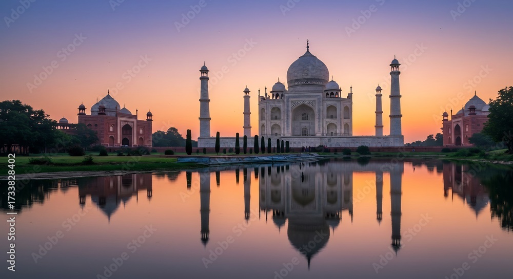 Fototapeta premium Stunning Taj Mahal structure glows under a vibrant dawn sky its elegant reflection shimmering beautifully on still water