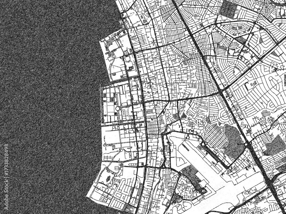 Naklejka premium Hand-drawn style black and white city map of Pasay, Philippines, with detailed streets and textures.