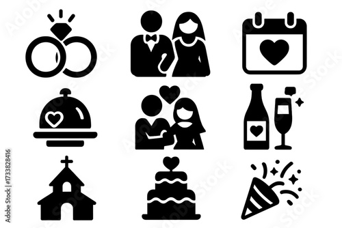 Bold silhouette wedding icons set with rings, couple, celebration elements, love symbols, romantic cartoon vector illustration, transparent background, marriage concept, nuptial signs