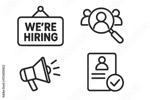 Employment recruitment icons set. We are hiring announcement, candidate search, megaphone job vacancy, resume approval. HR, hiring, recruitment concept. Vector illustration, transparent background