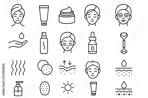 Skincare and beauty routine line icon set. Cosmetics, dermatology concepts. Face care, cream, serum, lotion, facial mask, roller pictogram collection for web and graphic design.