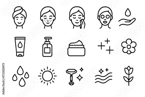 Skincare routine outline icon set. Beauty cosmetic linear pictogram collection. Face care, moisturizing, cleansing, sun protection. Cream, lotion, serum, face mask, acne, skin roller.