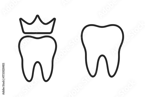 Minimalistic wisdom tooth outline icon with crown, dentistry symbol for web design, dental clinic apps, social media, banners, cards, transparent background cartoon vector illustration