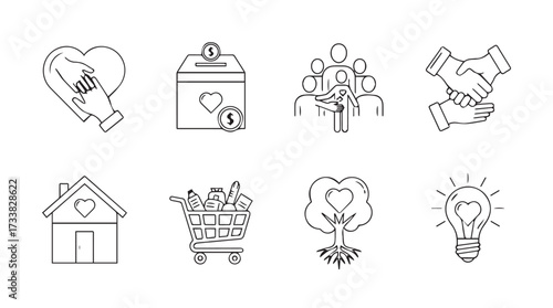 Set of 8 outline icons for charity community home finance innovation and business concepts vector
