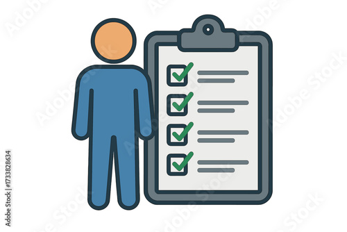Abstract user figure with checklist on clipboard, concept for completed tasks, productivity, self-management, workflow, project progress, evaluation, assessment, cartoon vector illustration
