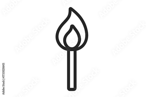 Matchstick outline symbol with burning fire flame. Simple line icon for graphic design, web, apps. Vector illustration for concepts like idea, energy, heat, danger, ignition.