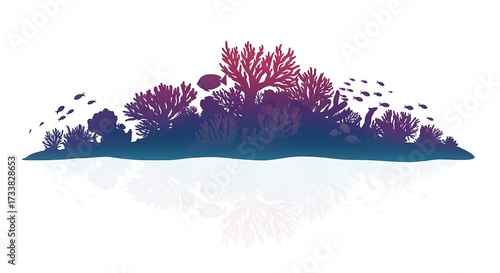 Fototapeta Naklejka Na Ścianę i Meble -  Vibrant coral reef silhouette with fish swimming on white background