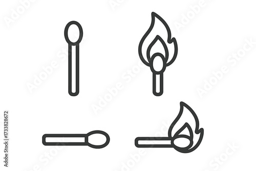 Matchstick outline icon set. New and burning match with fire flame. Simple line vector symbol for graphic and web design, apps, safety signs, or infographics. Flammable danger concept.
