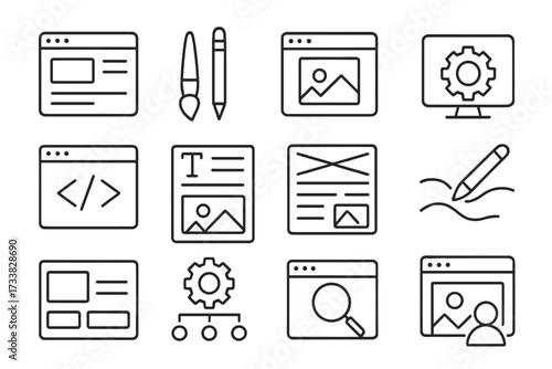 Website design vector icon set. UI UX development illustration. Coding, content management, web page layout, graphic editing tools, SEO, wireframe, interface structure, digital creative workflow.