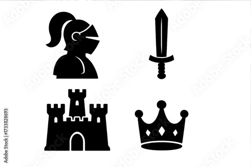 Medieval icons set silhouette. Knight, sword, castle, crown. Female warrior princess or queen. Fairytale kingdom fantasy. Royal power symbol. Middle Ages history clipart vector.