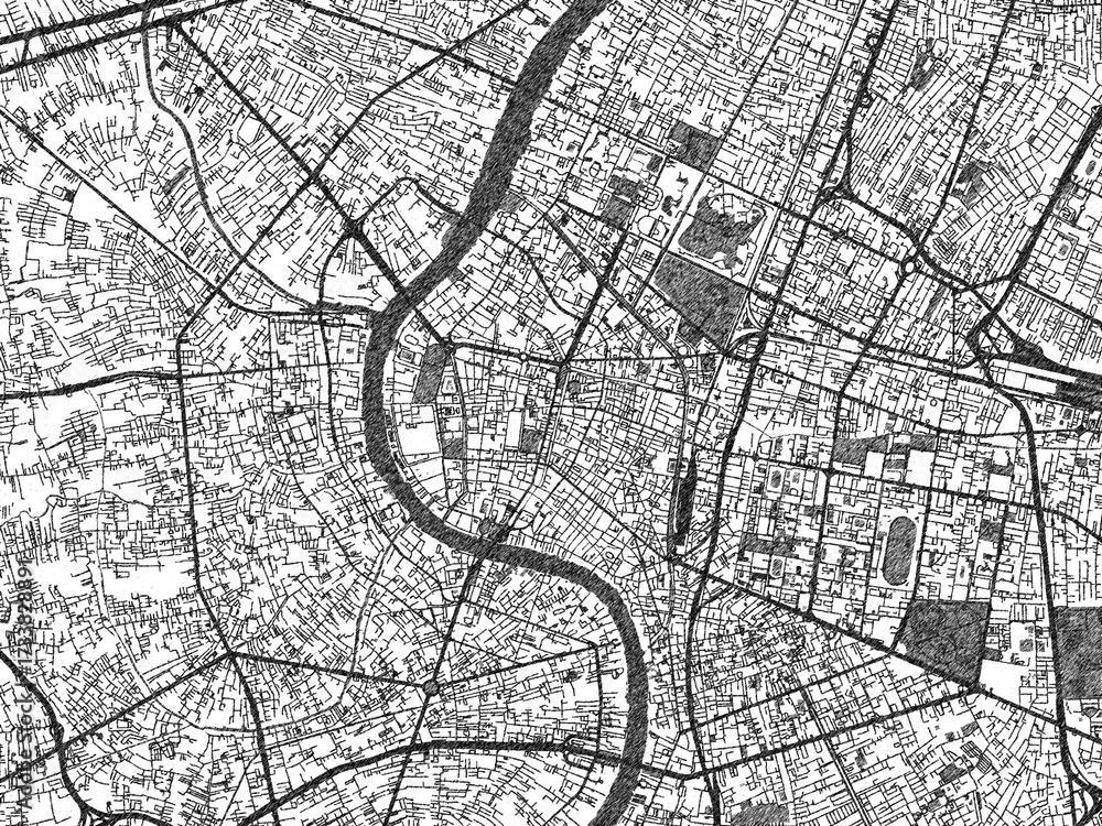 Naklejka premium Sketch-style black and white map of Bangkok, Thailand, perfect for illustration and wall art.