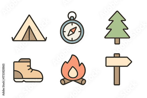Camping icon set. Minimalist cartoon collection for outdoor adventure and hiking. Includes tent, compass, tree, boot, campfire, signpost. Vector graphic element for travel.