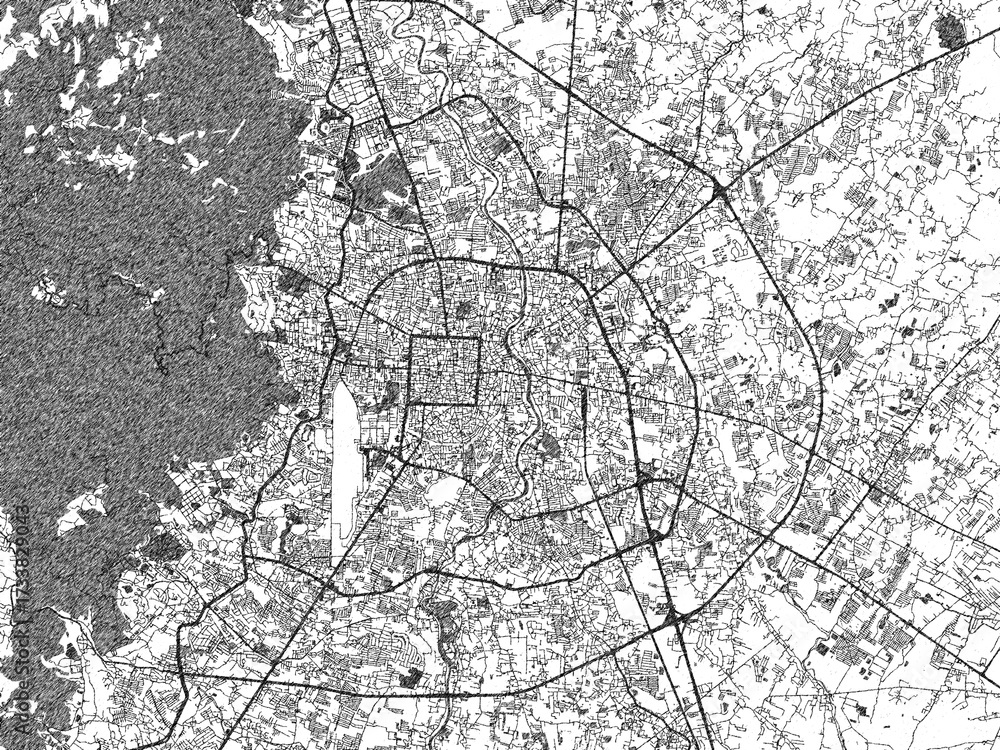 Fototapeta premium Detailed artistic sketch map of Chiang Mai, Thailand, in monochrome black and white.