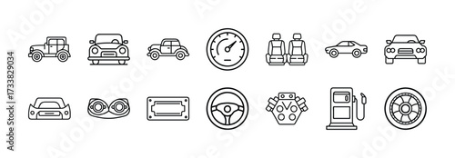 Vector car parts and automobile elements icons set for automotive industry and transportation design