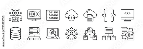 Collection of software development and programming line icons for technology and coding projects