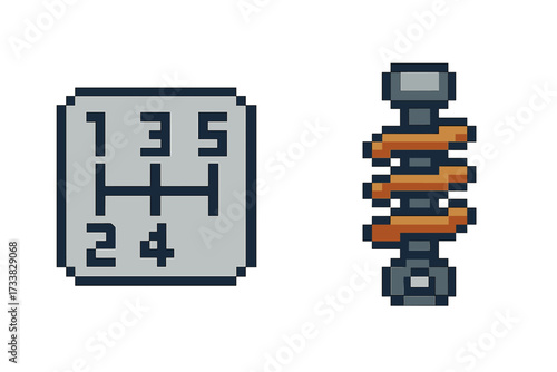 Pixel art car parts set. Manual gearbox H-pattern 5 speed transmission and shock absorber. 8-bit retro video game style sprite. Automotive mechanic icon collection vector.