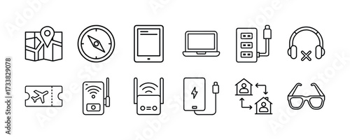 Travel essentials and technology gadgets vector icons for vacation planning and digital nomad life