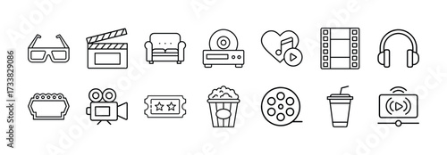Movie night vector icon set entertainment cinema film icons glasses popcorn headphones and more