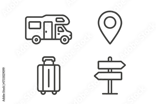 Road trip and travel icon set with motorhome, map pin, baggage, and direction sign. Editable stroke vector icons for tourism, vacation, adventure, journey, and navigation.