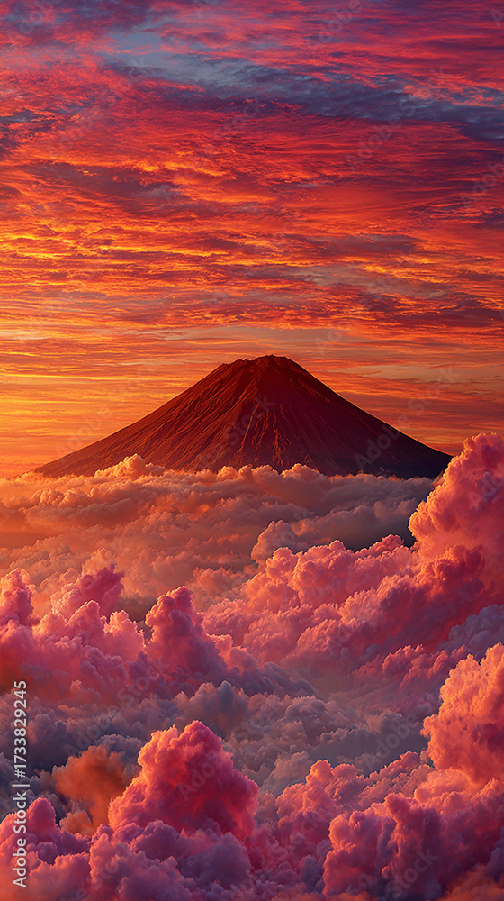 Fototapeta premium A majestic volcano peak rises above soft morning clouds at sunrise. Warm golden light highlights the dramatic slopes, symbolizing power, resilience, and the beauty of untamed nature.