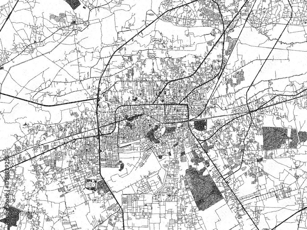 Naklejka premium Minimal poster-style map of Nakhon Ratchasima, Thailand, hand-drawn style in monochrome.
