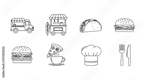 Hand drawn food icons set truck cart taco burger pizza coffee chef hat cutlery for creative projects vector