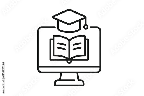 Online education concept. E-learning thin line icon. Distance learning, graduation. Vector computer screen, book, academic hat. Webinar, tutorial, workshop, knowledge symbol.