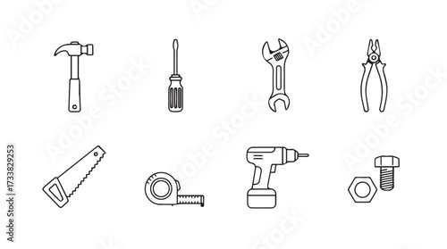 Hand drawn sketch style tools collection including hammer screwdriver wrench pliers saw tape measure drill vector