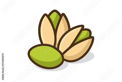 Pistachio nut flat icon set. Vector cartoon illustration of pistachios in shell and a single kernel. Healthy organic food snack concept. Green nut isolated on white background.