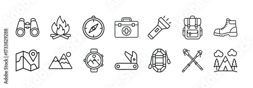 Camping hiking outdoor adventure equipment vector icons set for travel and exploration trip