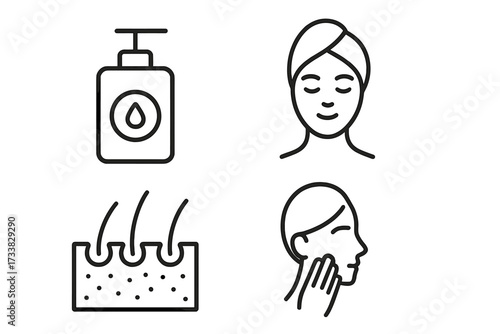 Skincare and beauty line icon set. Dermatology, cosmetology concepts. Face care, skin treatment, spa procedure pictogram. Lotion bottle, hair follicle, applying cream icons.
