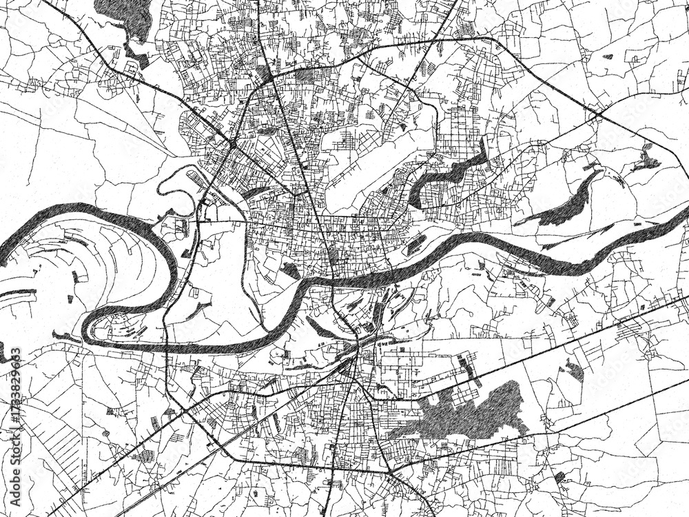 Naklejka premium Urban black and white map of Ubon Ratchathani, Thailand, designed in a sketch style for prints.