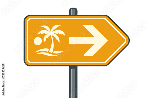 Vacation direction concept vector. Road sign pointing to beach holiday. Metaphor for travel choice, finding destination. Arrow guide to tropical summer, sun, sea, palm tree.