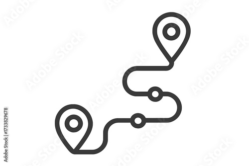 Route line icon with two location pins. Navigation, journey, or trip concept. Path from start to destination with waypoints. GPS track, road map sign. Travel direction.