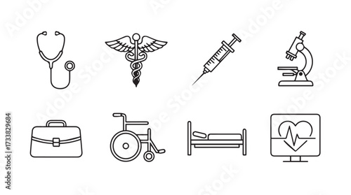 Hand drawn medical icons set featuring stethoscope caduceus syringe microscope and more vector