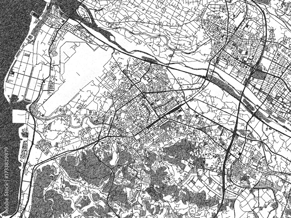 Naklejka premium Artistic urban sketch of Hsinchu, Taiwan, detailed in black and white map form.