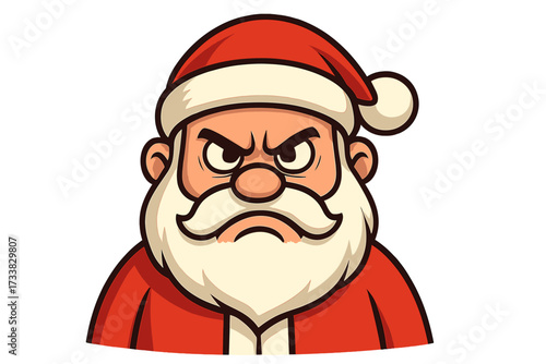 Angry Santa Claus face vector icon. Mad Father Frost mascot character head. Grumpy expression for Christmas holiday design. Cartoon illustration of a furious emotion.