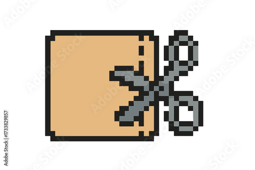 Pixel art cut icon. Scissors cutting paper symbol. 8-bit retro video game asset. Office, school or craft tool for editing. Vector illustration for a coupon or document.