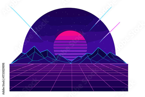 Retrofuturistic 80s landscape with neon grid and sun. Sci-fi virtual reality background. Vector cyberpunk illustration for an arcade videogame. Digital world synthwave style.