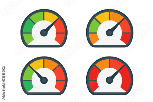 Speedometer and tachometer gauge icon set showing different levels. Risk meter, performance indicator, progress bar, rating score from good to bad. Flat vector cartoon.