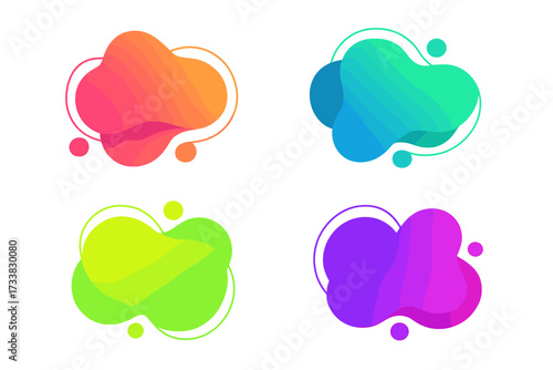 Set of trendy colorful glowing fluid shapes. Vector geometric template with liquid form elements. Modern abstract amoeba banner for presentation, web, or backgrounds design.