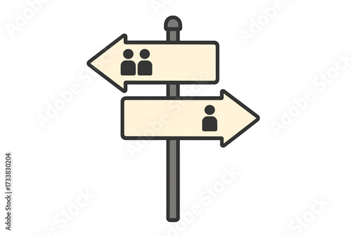 Concept of choice between relationship and solitude. Signpost with two paths, together or alone. Metaphor for life decision, dilemma, and crossroads. Vector illustration.