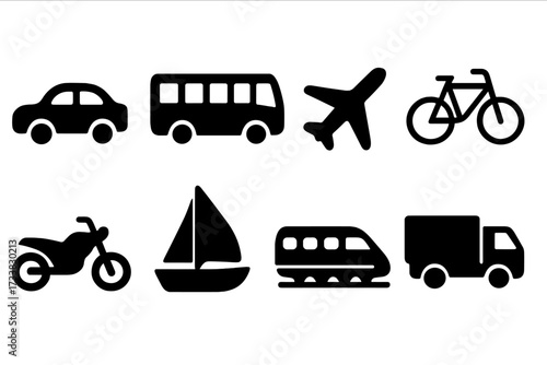Transport icon collection. Silhouette icons of car, bus, plane, bicycle, motorcycle, sailboat, train, truck. Vector set for logistics, delivery, travel and transportation.