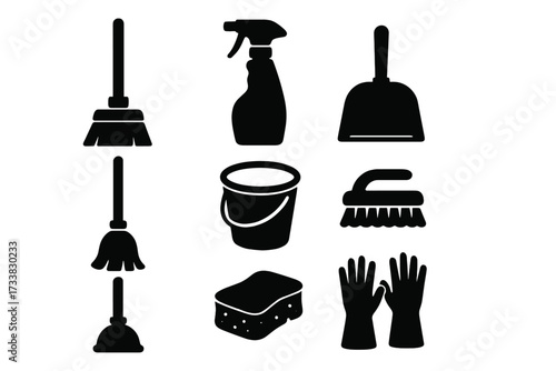 Cleaning tools silhouette icon set for household chores. Vector collection of simple domestic equipment symbols. Broom, mop, bucket, sponge, spray, gloves for house cleaning.