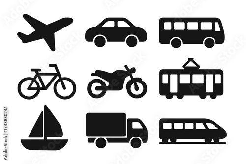 Transport icon collection. Simple black silhouette set of various transportation modes. Vector graphic elements. Car, bus, plane, train, bike, ship, truck, tram symbols.