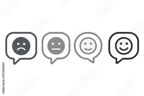 Feedback emoticon scale in speech bubbles. Customer satisfaction rating with smiley faces. Review icon set for service quality survey. Sad, neutral, happy emotions for user experience.