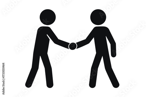 Stick figures shaking hands. Business handshake concept. Two people icon making a deal. Partnership, agreement, and success symbol. Teamwork and cooperation vector illustration.