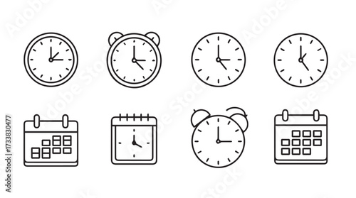 Collection of hand-drawn icons representing time and scheduling elements clocks calendars and alarm clocks vector